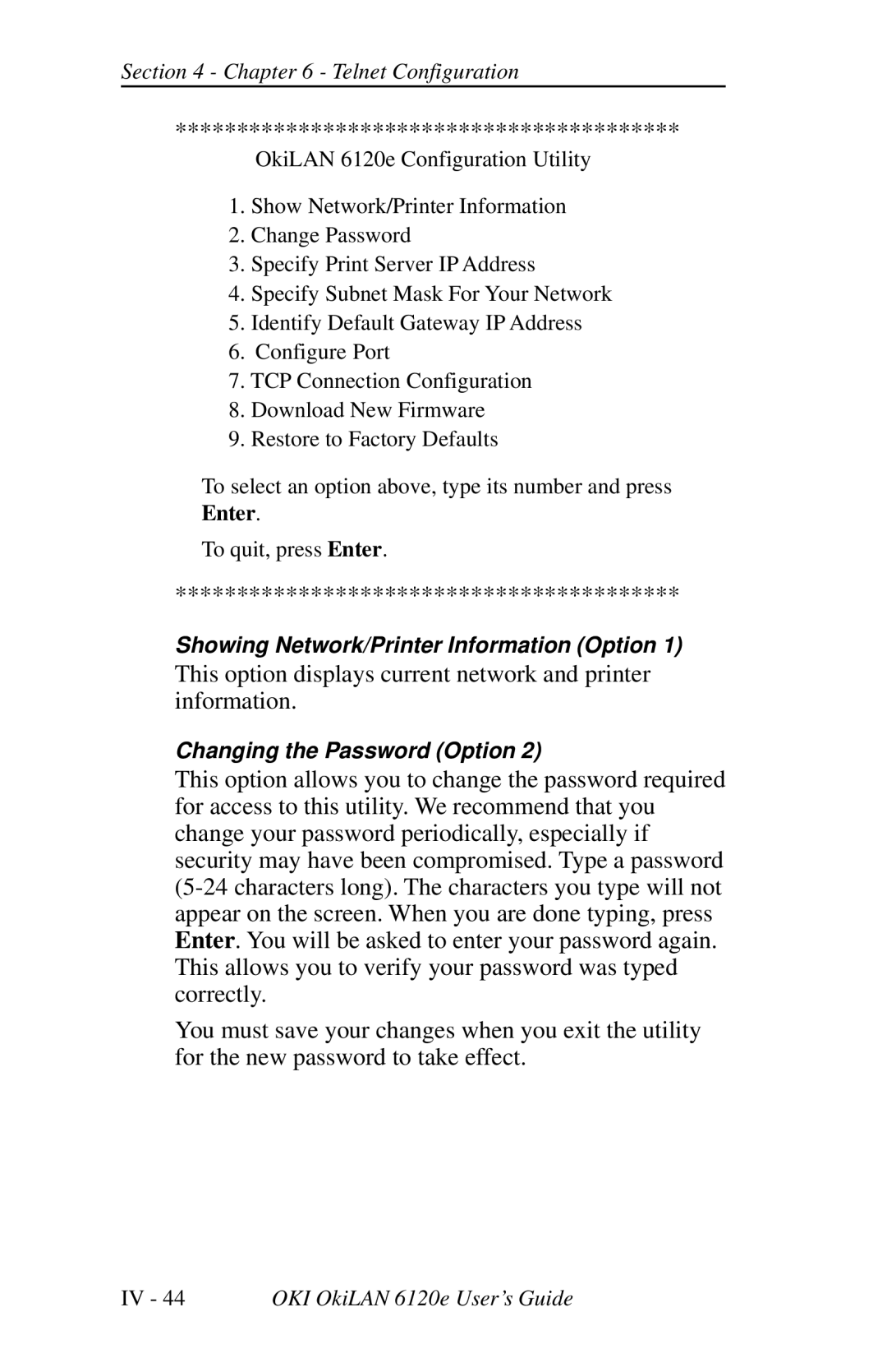 Oki 6120E manual This option displays current network and printer information 