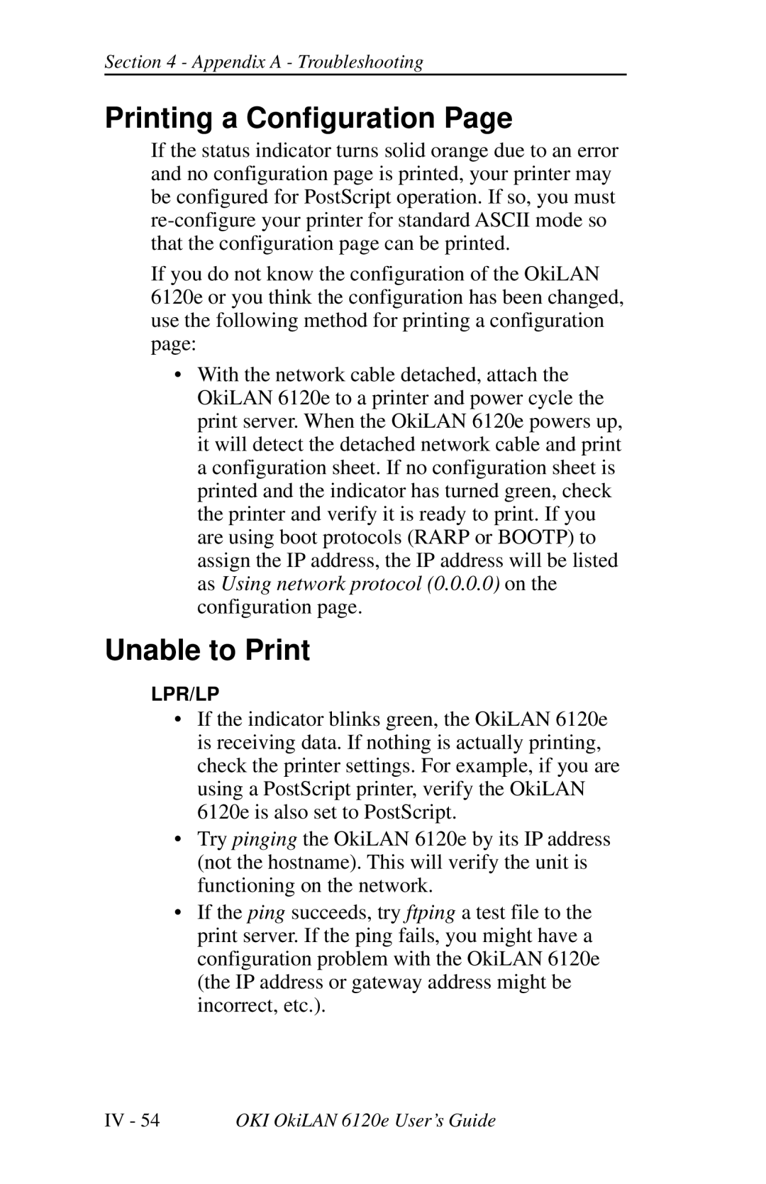 Oki 6120E manual Printing a Configuration, Unable to Print 