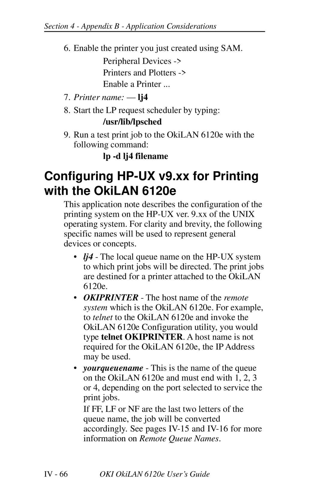 Oki 6120E manual Configuring HP-UX v9.xx for Printing with the OkiLAN 6120e, Usr/lib/lpsched, Lp -d lj4 filename 