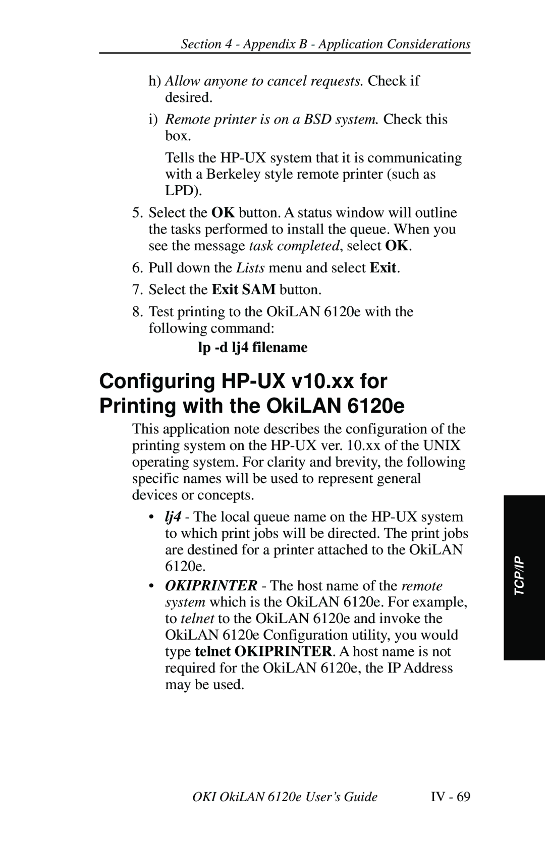 Oki 6120E manual Configuring HP-UX v10.xx for Printing with the OkiLAN 6120e, Lp -d lj4 filename 