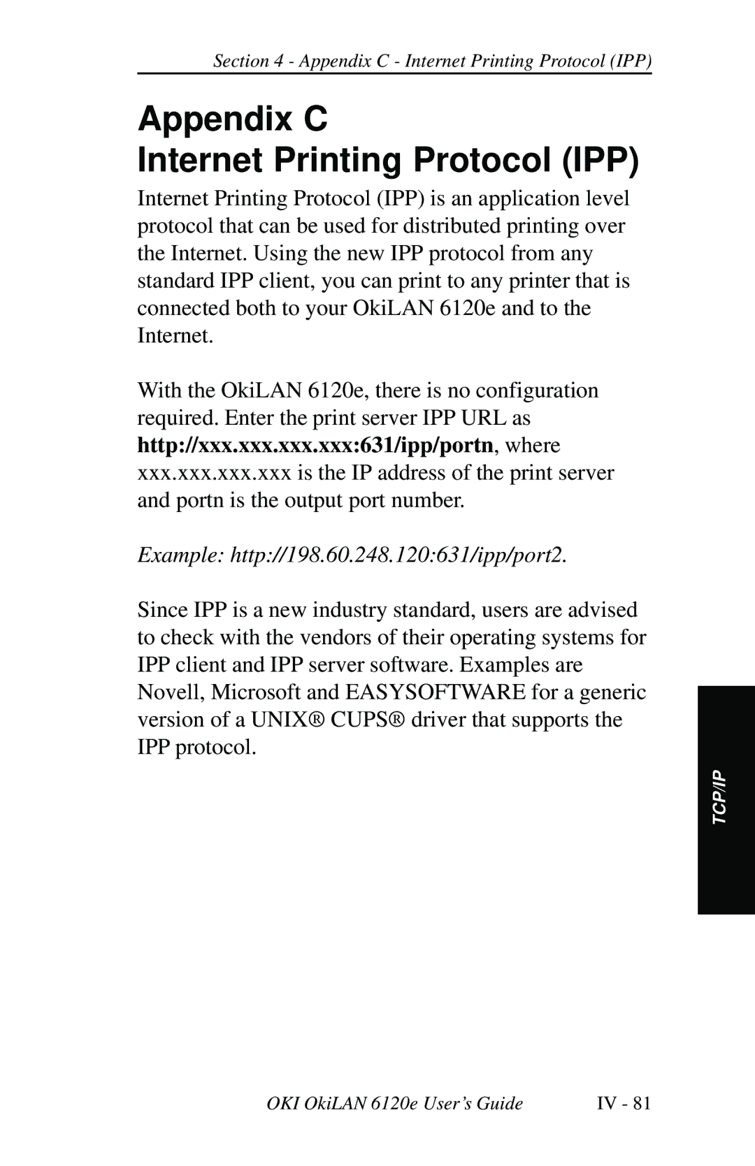 Oki 6120E manual Appendix C Internet Printing Protocol IPP, Example http//198.60.248.120631/ipp/port2 