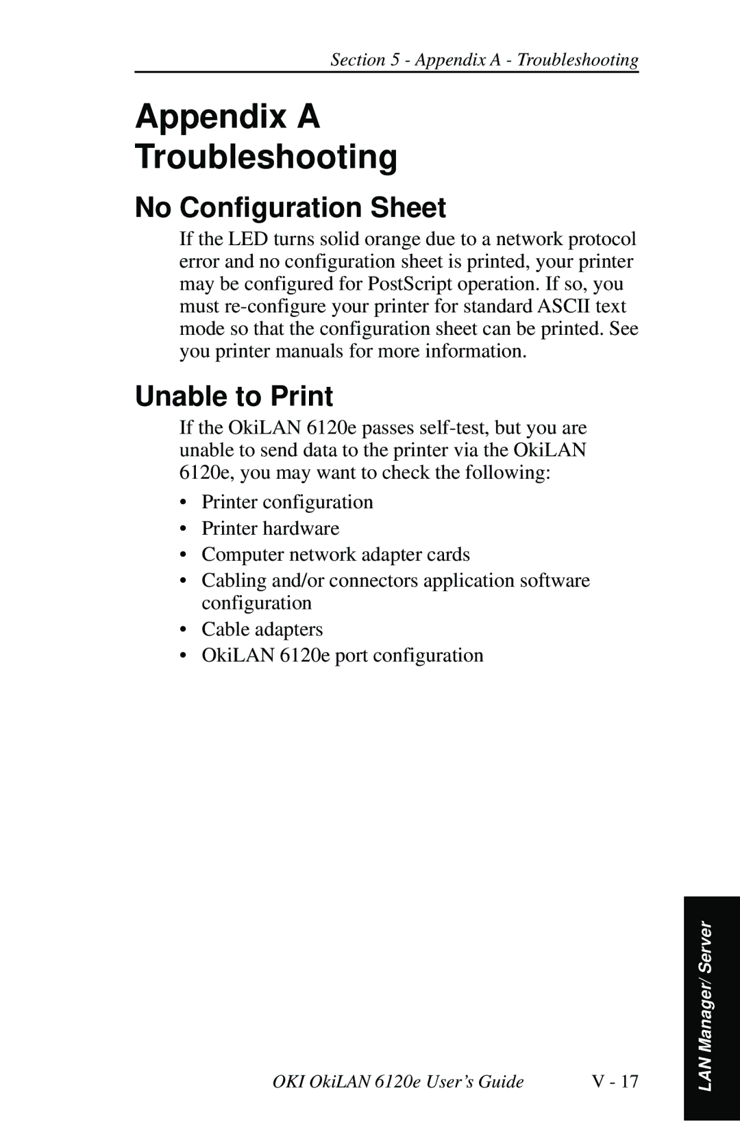 Oki 6120E manual Appendix a Troubleshooting, No Configuration Sheet 