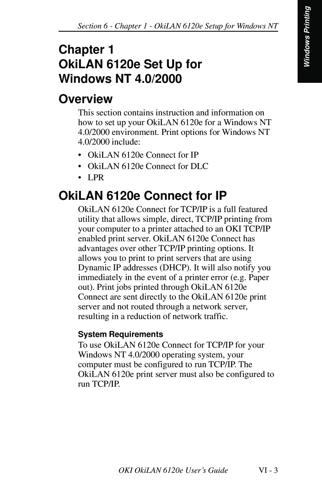 Oki 6120E manual Chapter OkiLAN 6120e Set Up for Windows NT 4.0/2000 Overview, OkiLAN 6120e Connect for IP 