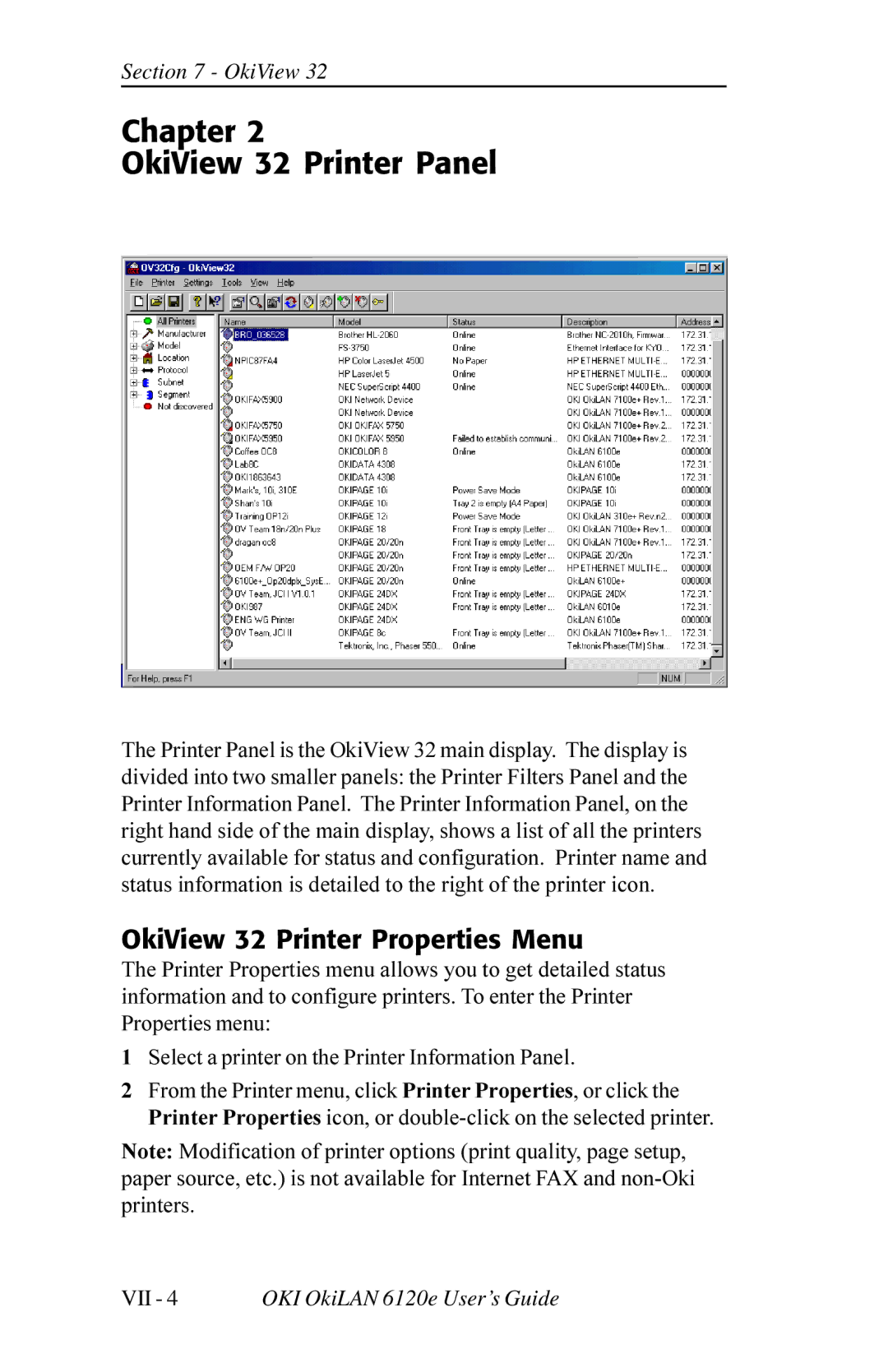Oki 6120E manual Chapter OkiView 32 Printer Panel 