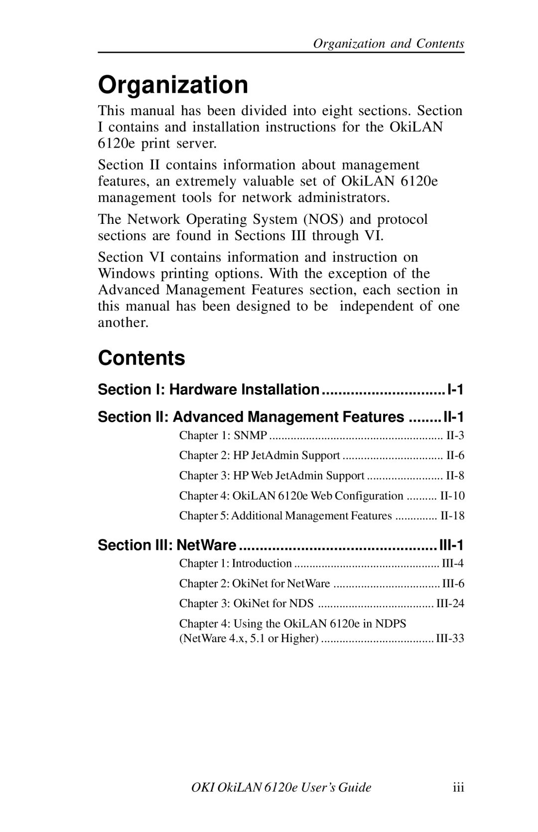 Oki 6120E manual Organization, Contents 