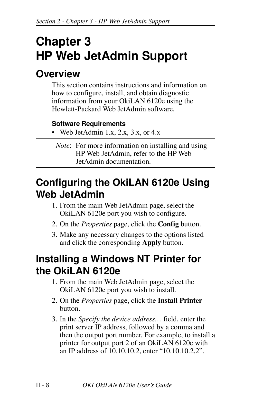 Oki 6120E manual Chapter HP Web JetAdmin Support, Configuring the OkiLAN 6120e Using Web JetAdmin 