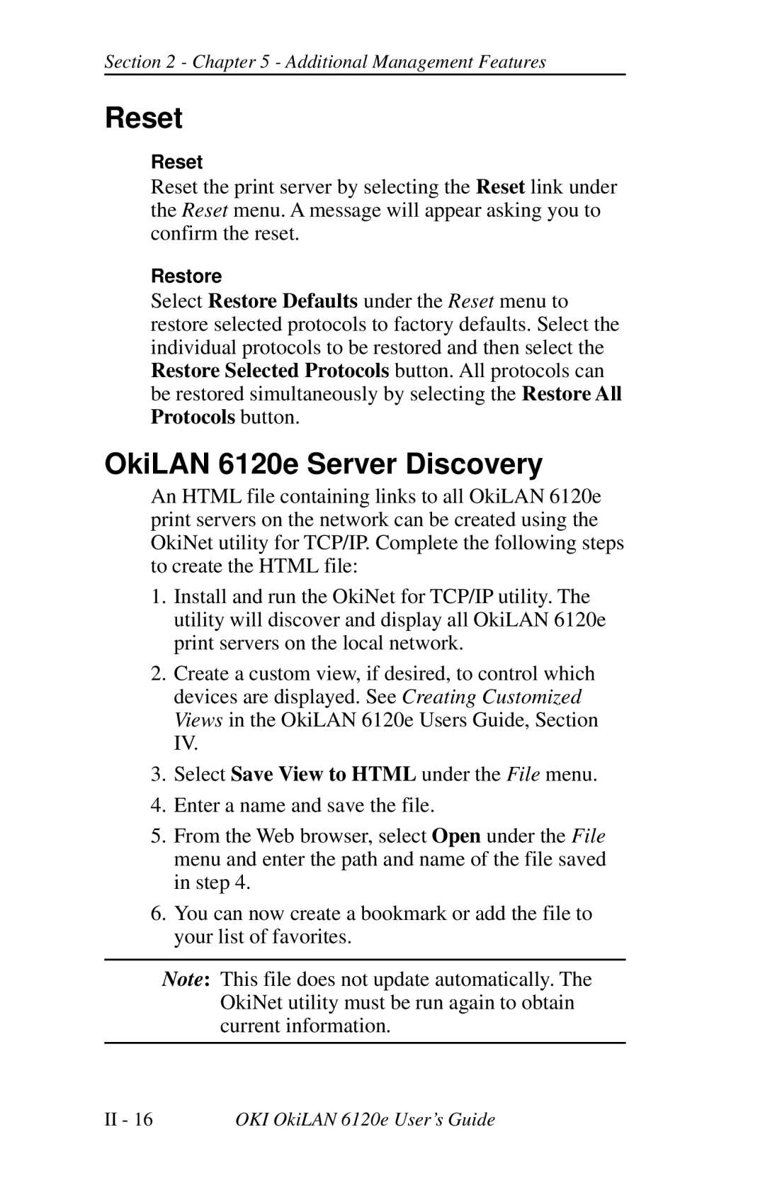 Oki 6120E manual Reset, OkiLAN 6120e Server Discovery 