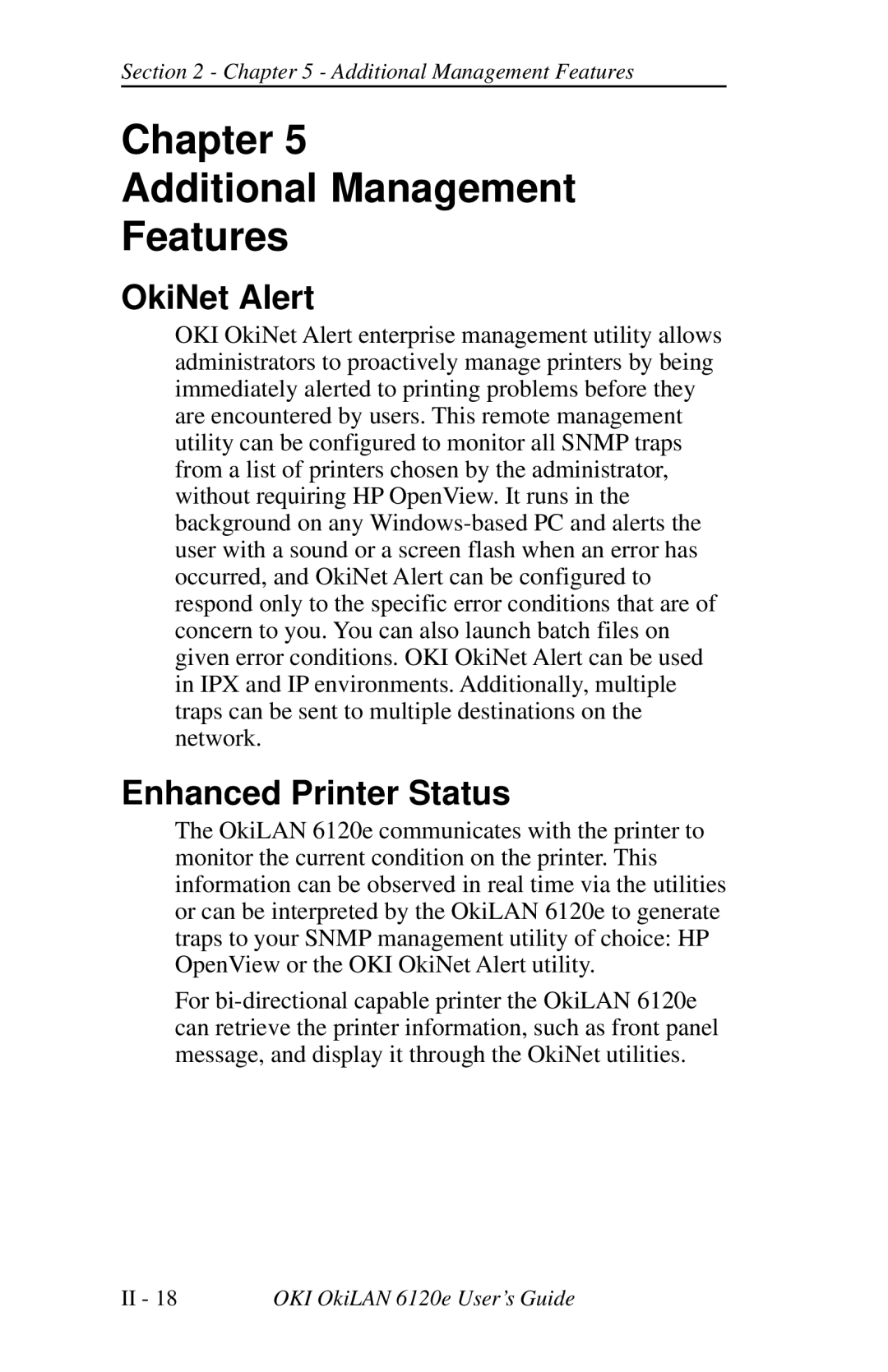 Oki 6120E manual Chapter Additional Management Features, OkiNet Alert, Enhanced Printer Status 