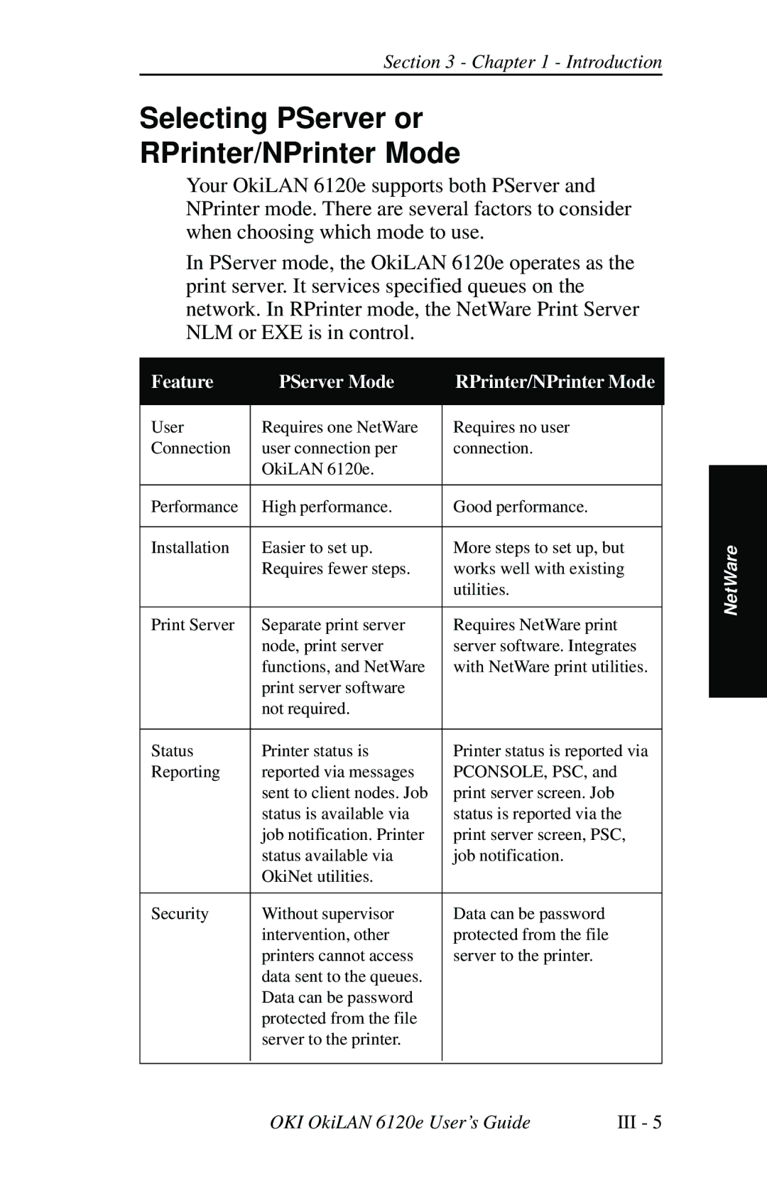 Oki 6120E manual Selecting PServer or RPrinter/NPrinter Mode, Feature PServer Mode RPrinter/NPrinter Mode 