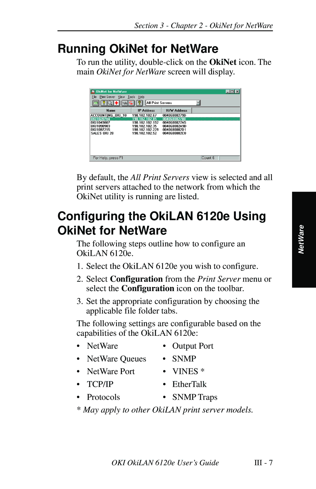 Oki 6120E manual Running OkiNet for NetWare, Configuring the OkiLAN 6120e Using OkiNet for NetWare 