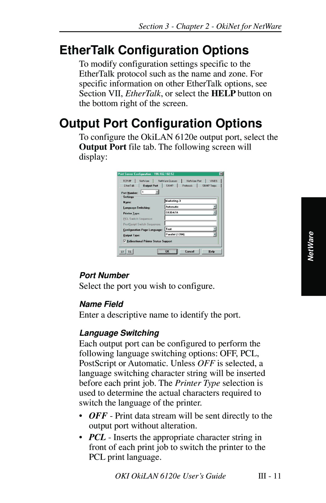 Oki 6120E manual EtherTalk Configuration Options, Output Port Configuration Options 