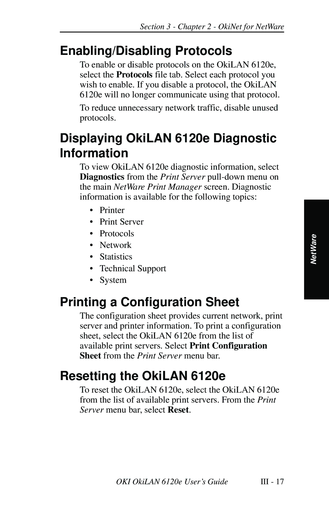 Oki 6120E Enabling/Disabling Protocols, Displaying OkiLAN 6120e Diagnostic Information, Printing a Configuration Sheet 