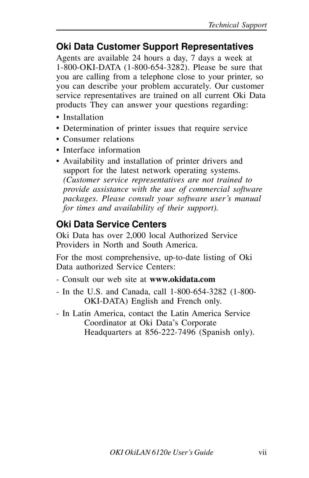 Oki 6120E manual Oki Data Customer Support Representatives 