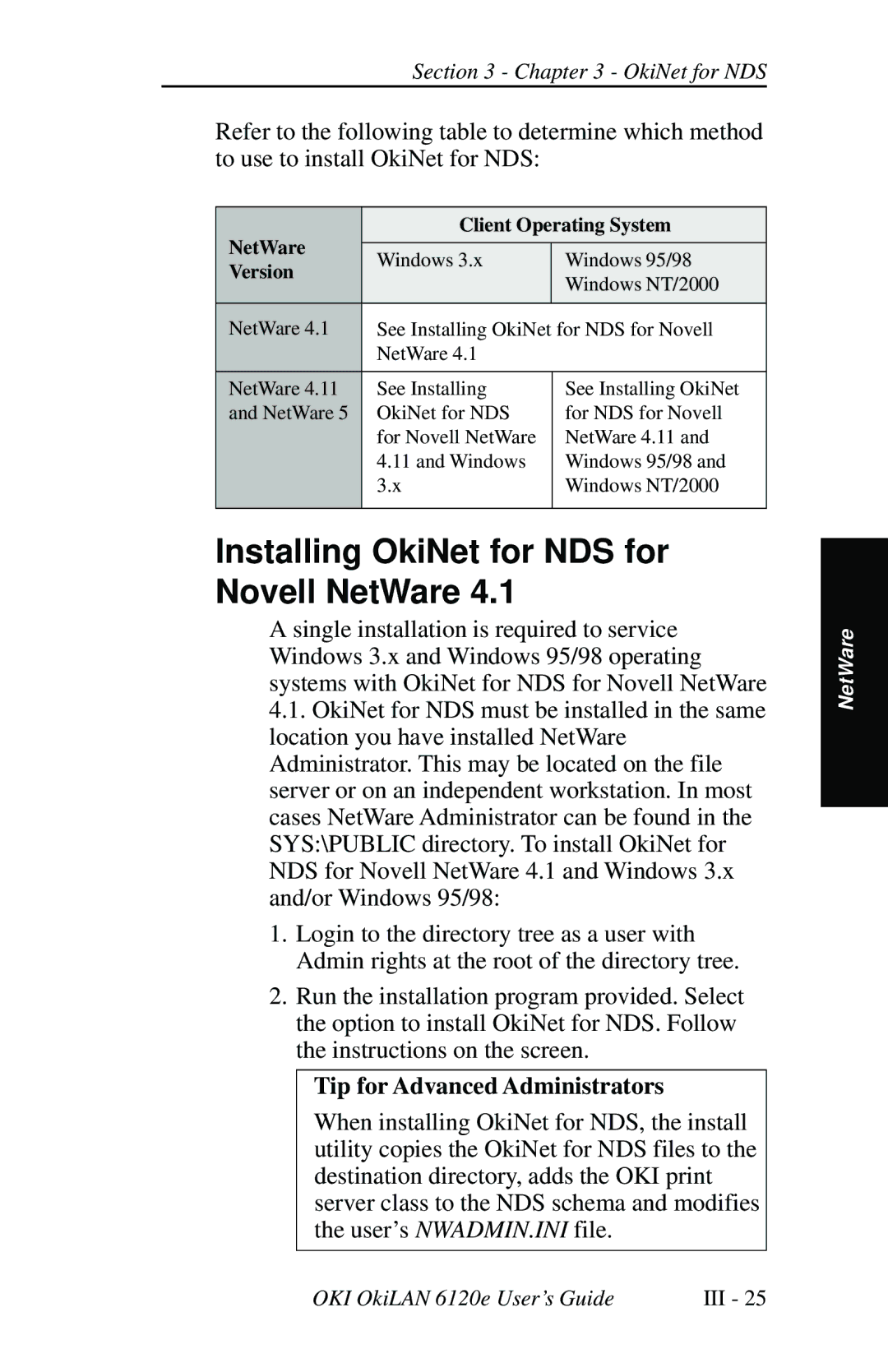 Oki 6120E manual Installing OkiNet for NDS for Novell NetWare, Tip for Advanced Administrators 