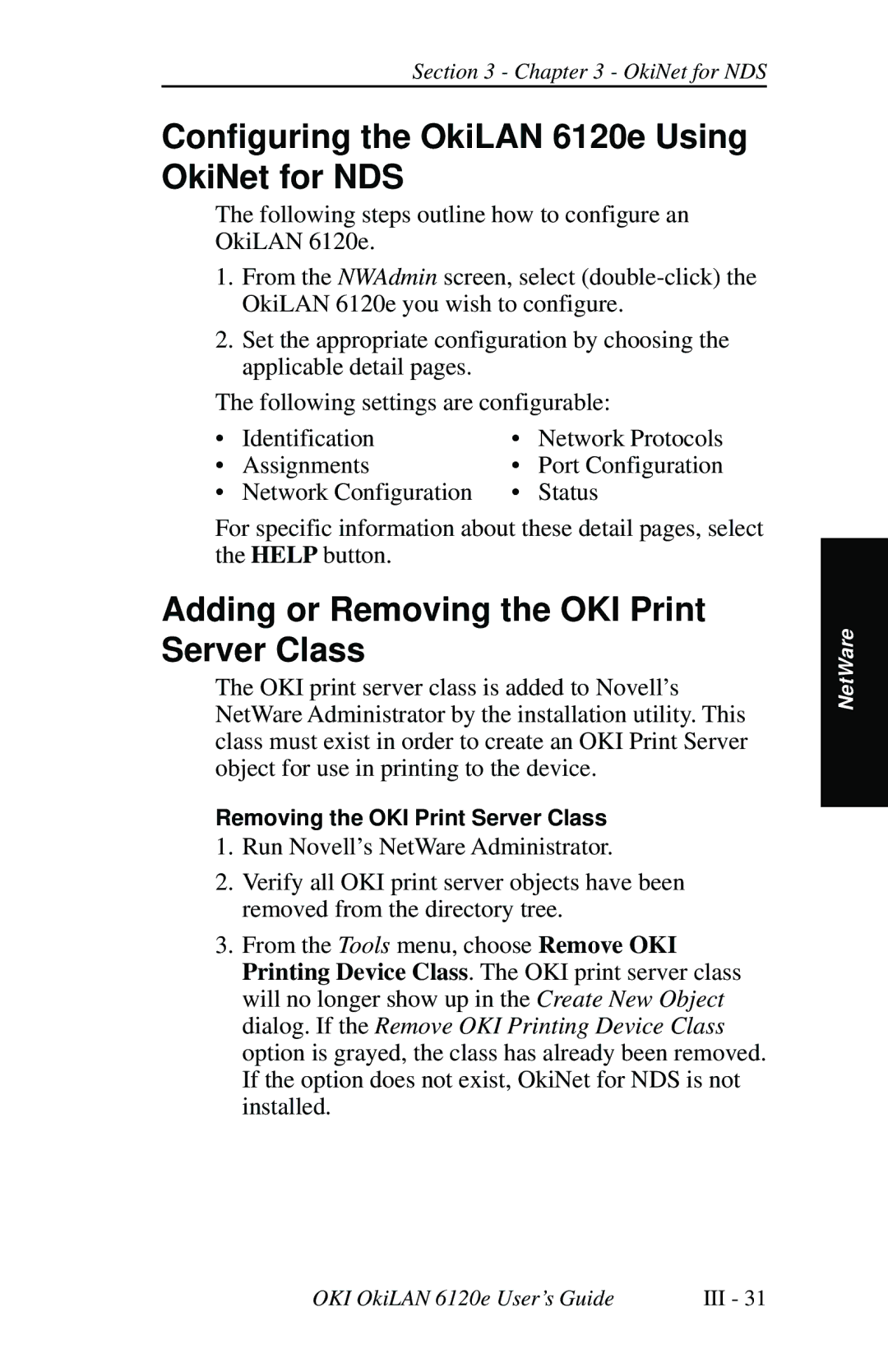 Oki 6120E manual Configuring the OkiLAN 6120e Using OkiNet for NDS, Adding or Removing the OKI Print Server Class 