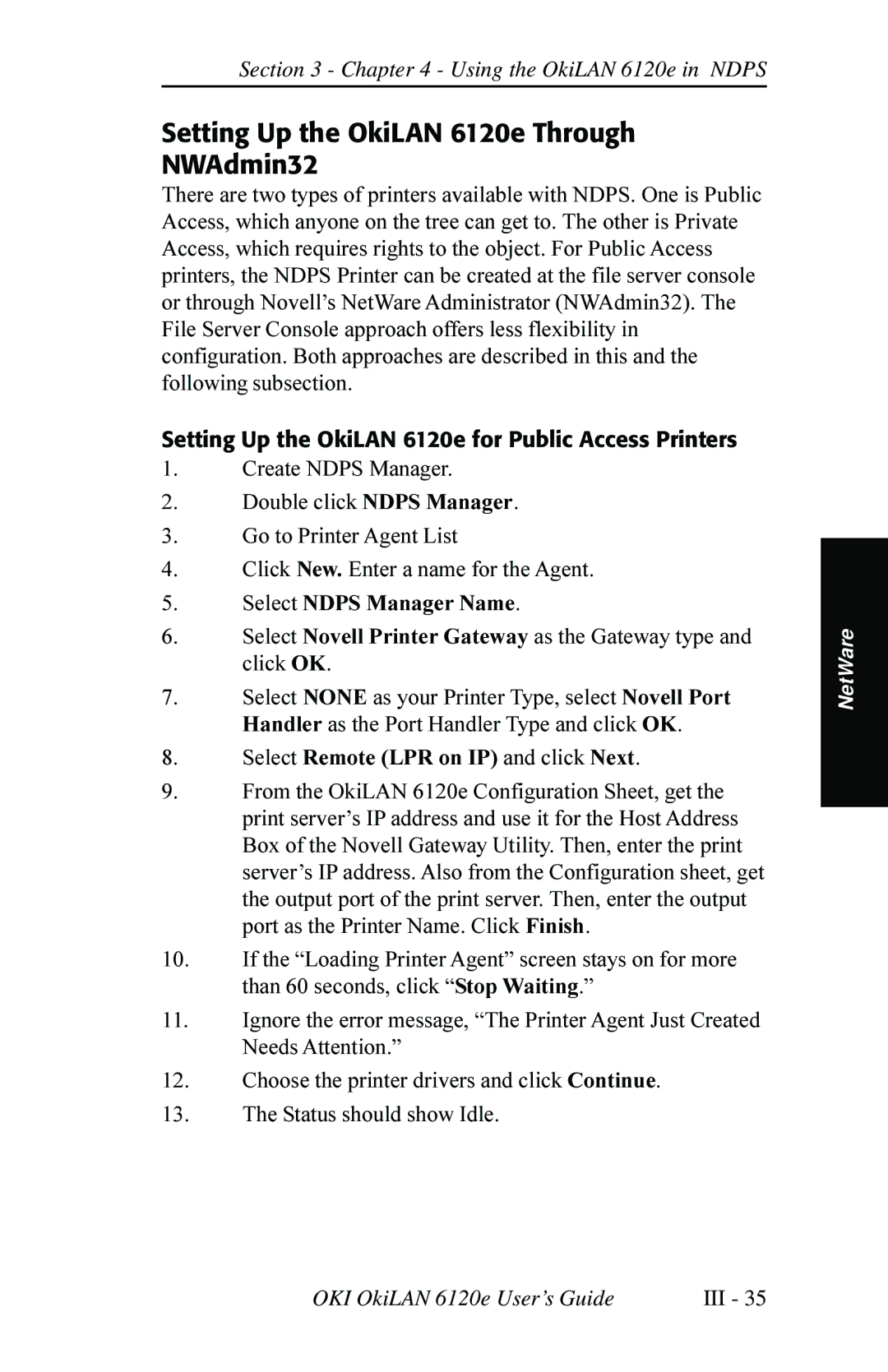 Oki 6120E manual Setting Up the OkiLAN 6120e Through NWAdmin32 