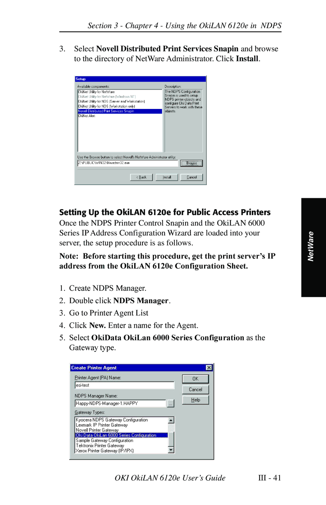 Oki 6120E manual Setting Up the OkiLAN 6120e for Public Access Printers 