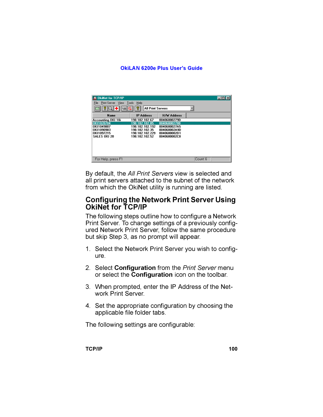 Oki 6200E manual Configuring the Network Print Server Using OkiNet for TCP/IP 