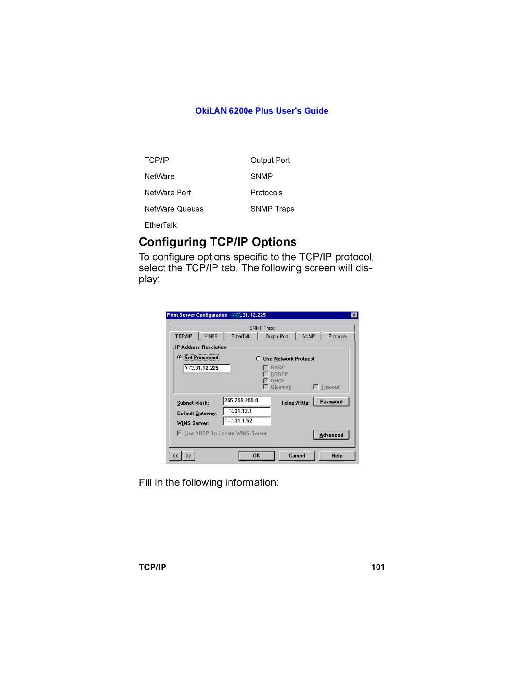 Oki 6200E manual Configuring TCP/IP Options 