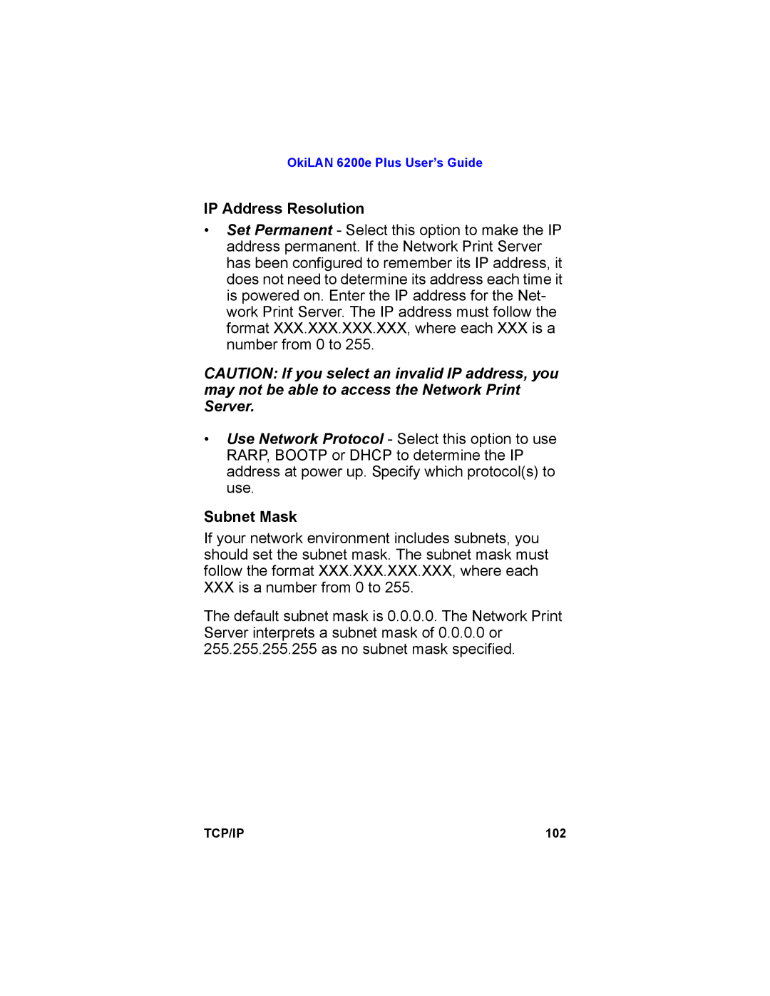 Oki 6200E manual IP Address Resolution, Subnet Mask 