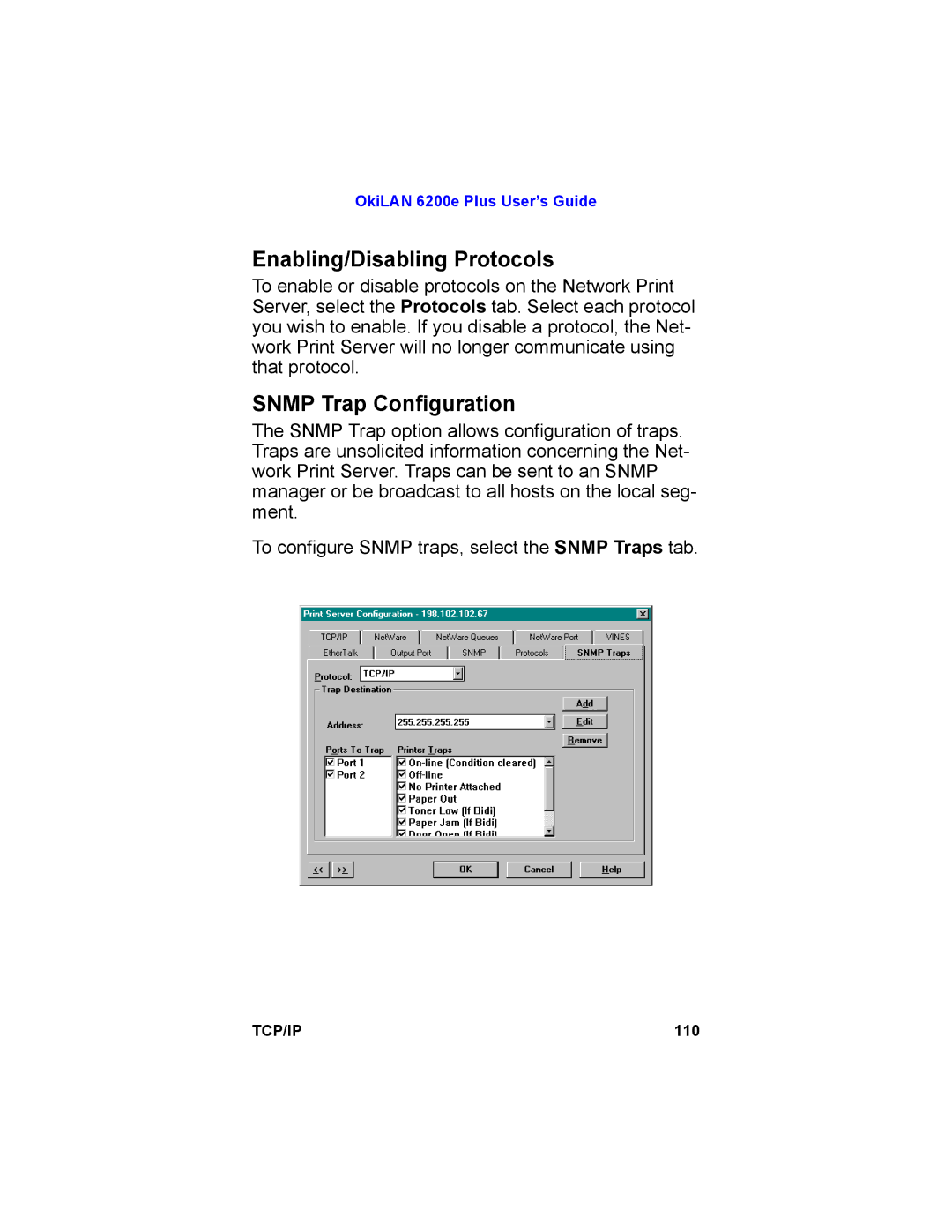 Oki 6200E manual Enabling/Disabling Protocols, Snmp Trap Configuration 