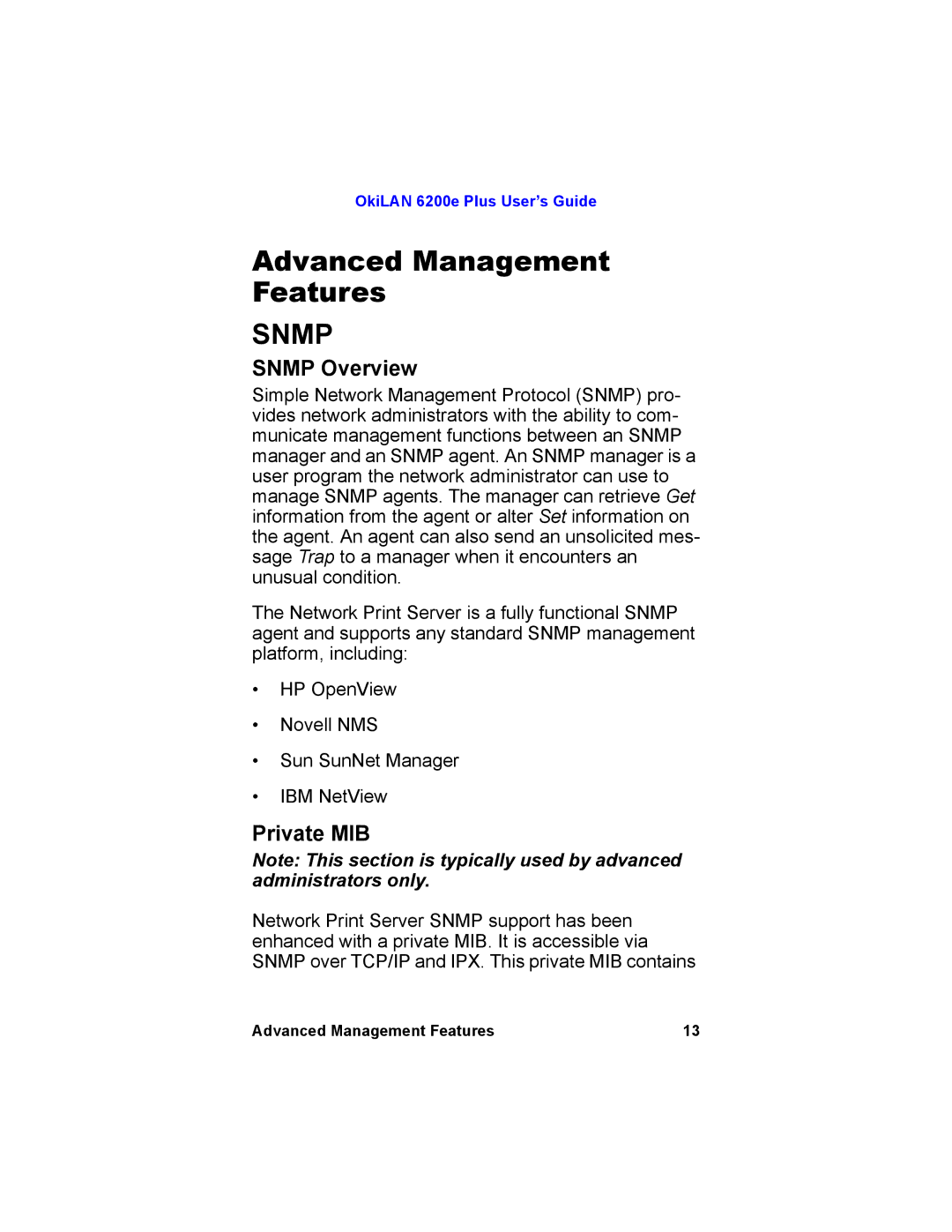 Oki 6200E manual Advanced Management Features, Snmp Overview, Private MIB 