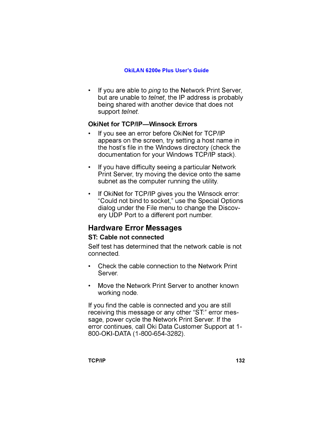 Oki 6200E manual Hardware Error Messages, OkiNet for TCP/IP-Winsock Errors, ST Cable not connected 