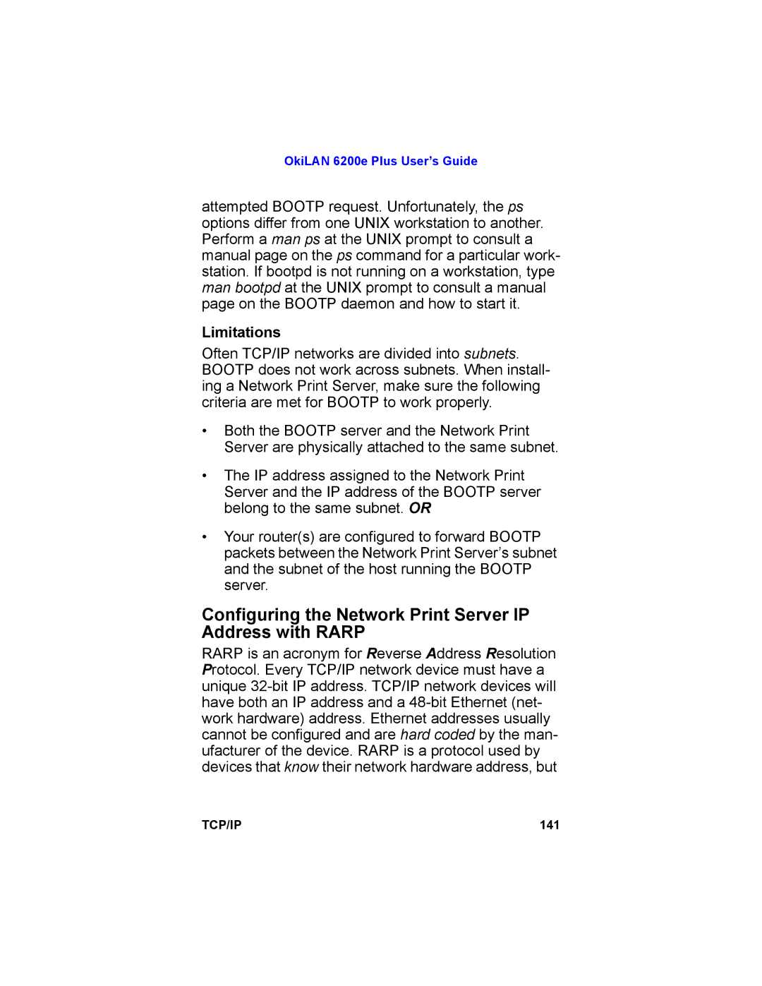 Oki 6200E manual Configuring the Network Print Server IP Address with Rarp, Limitations 