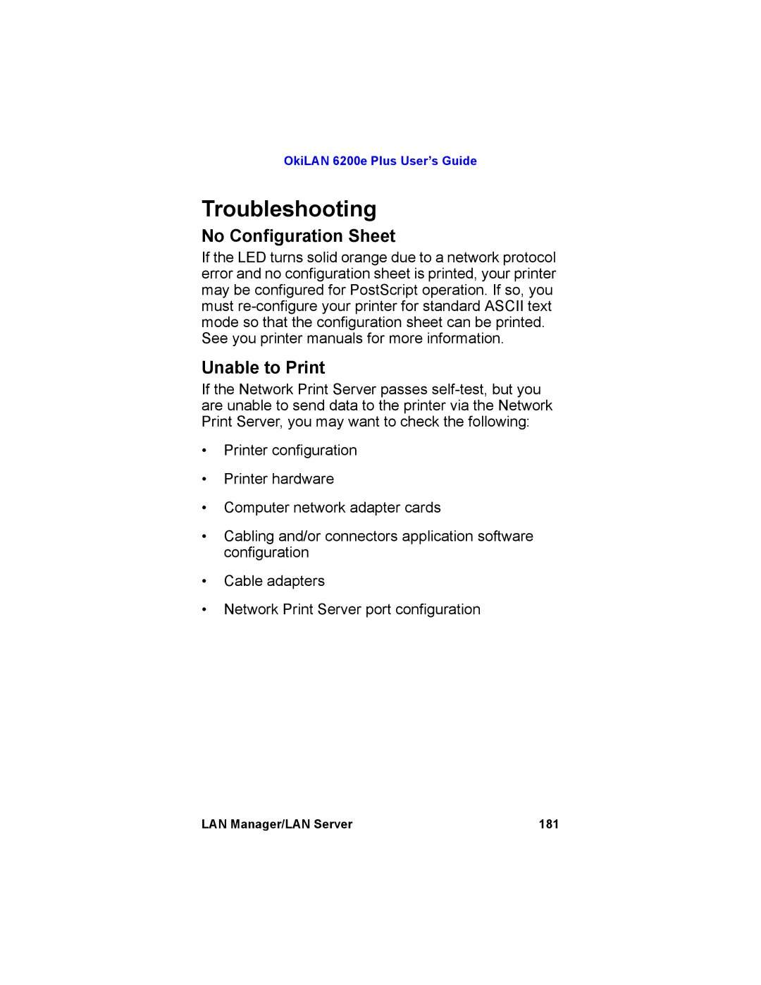 Oki 6200E manual Troubleshooting, No Configuration Sheet 