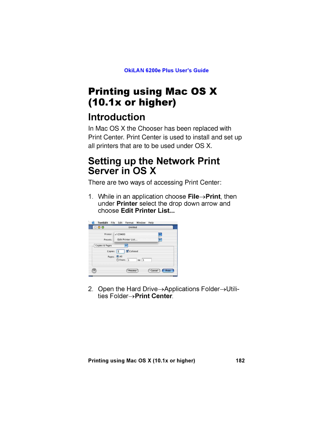 Oki 6200E manual Printing using Mac OS X 10.1x or higher Introduction, Setting up the Network Print Server in OS 