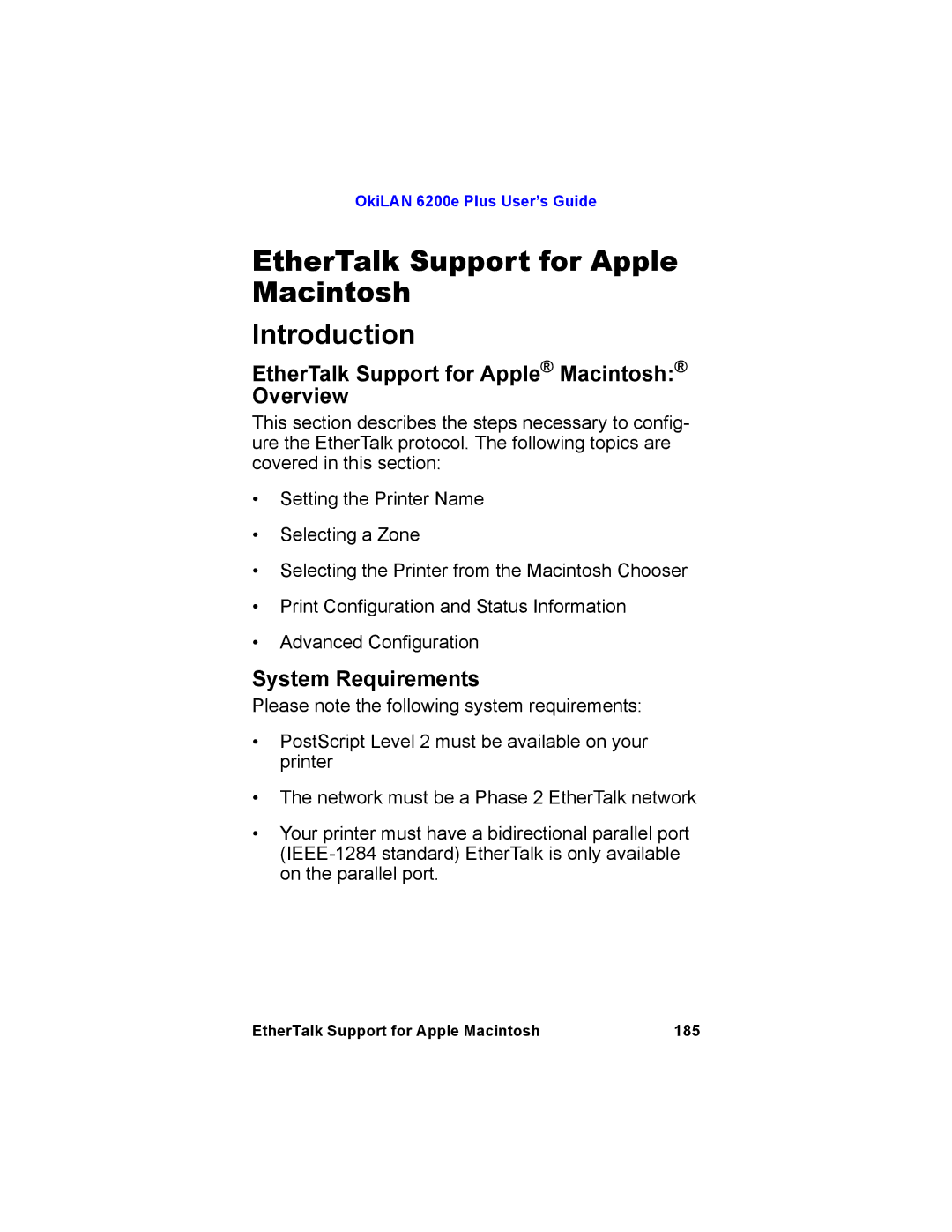 Oki 6200E manual EtherTalk Support for Apple Macintosh Introduction, EtherTalk Support for Apple Macintosh Overview 