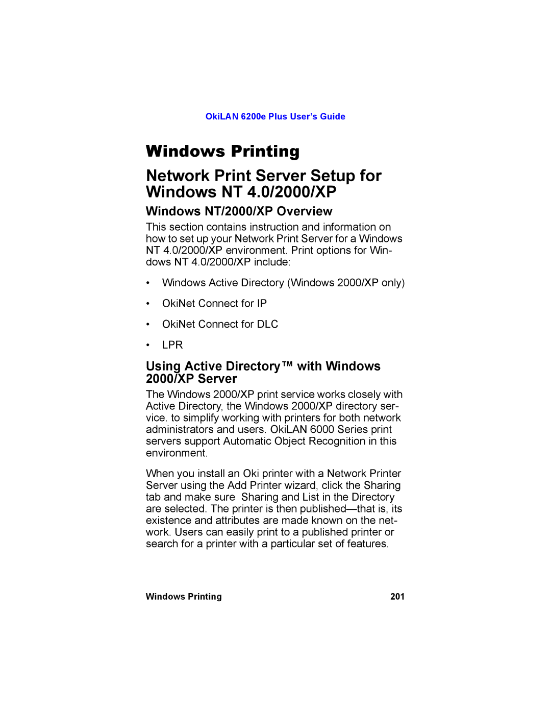 Oki 6200E manual Windows NT/2000/XP Overview, Using Active Directory with Windows 2000/XP Server 