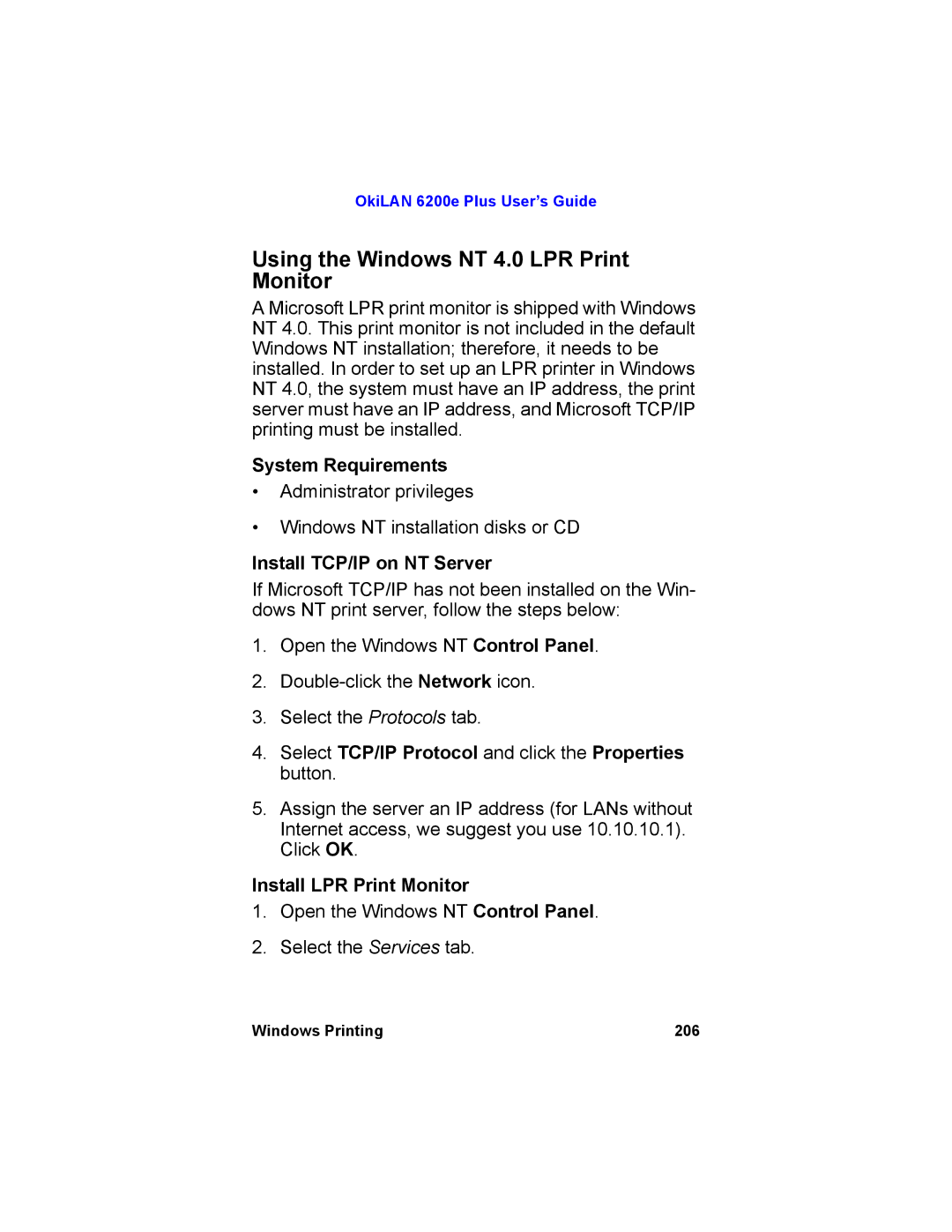 Oki 6200E manual Using the Windows NT 4.0 LPR Print Monitor, Install TCP/IP on NT Server, Install LPR Print Monitor 