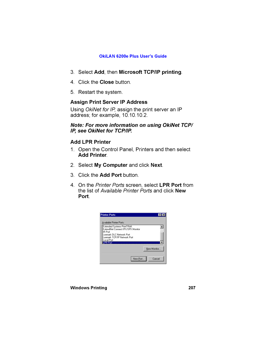 Oki 6200E manual Select Add, then Microsoft TCP/IP printing, Assign Print Server IP Address, Add LPR Printer 