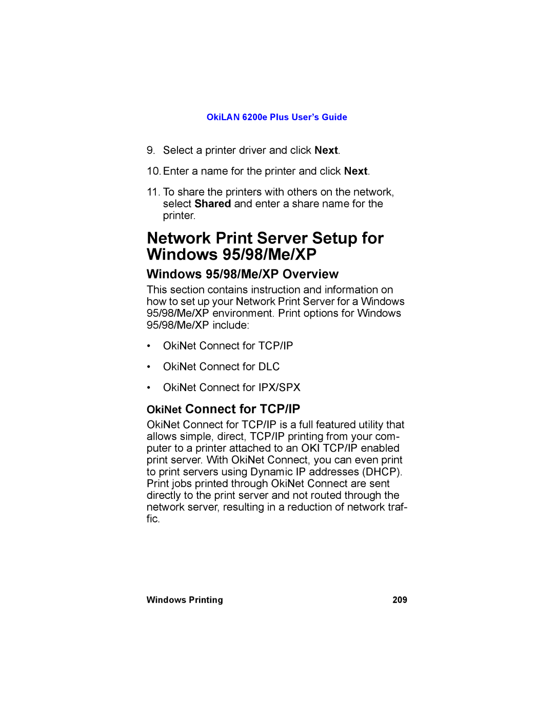 Oki 6200E Network Print Server Setup for Windows 95/98/Me/XP, Windows 95/98/Me/XP Overview, OkiNet Connect for TCP/IP 