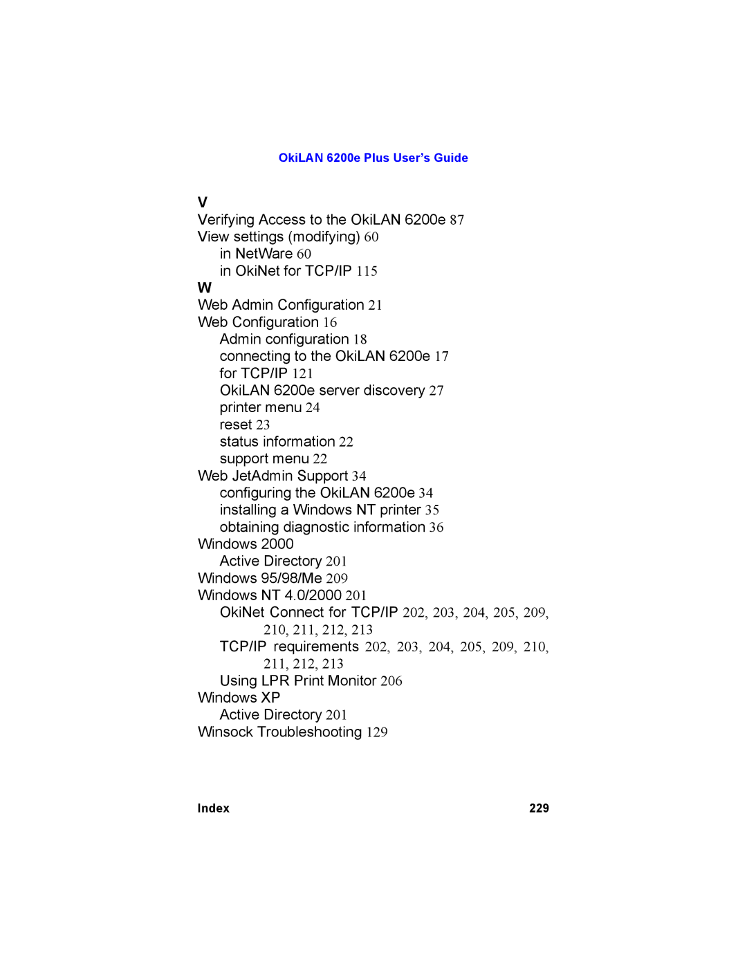 Oki 6200E manual TCP/IP requirements 202, 203, 204, 205, 209, 210, 211, 212 