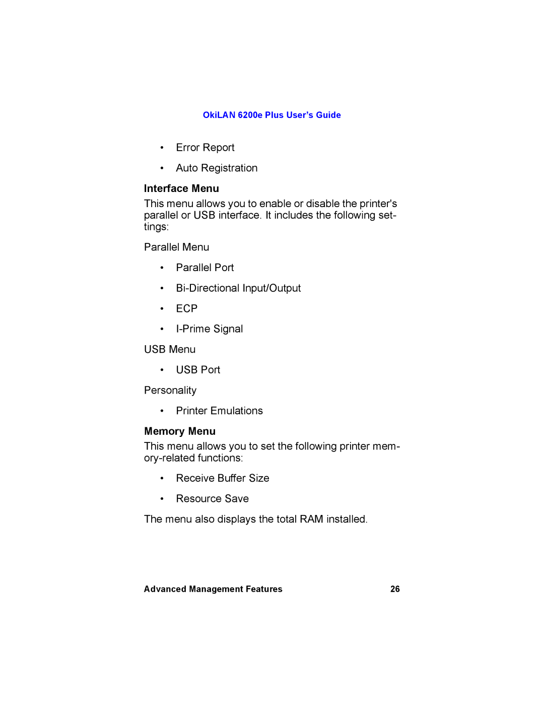 Oki 6200E manual Interface Menu, Memory Menu 