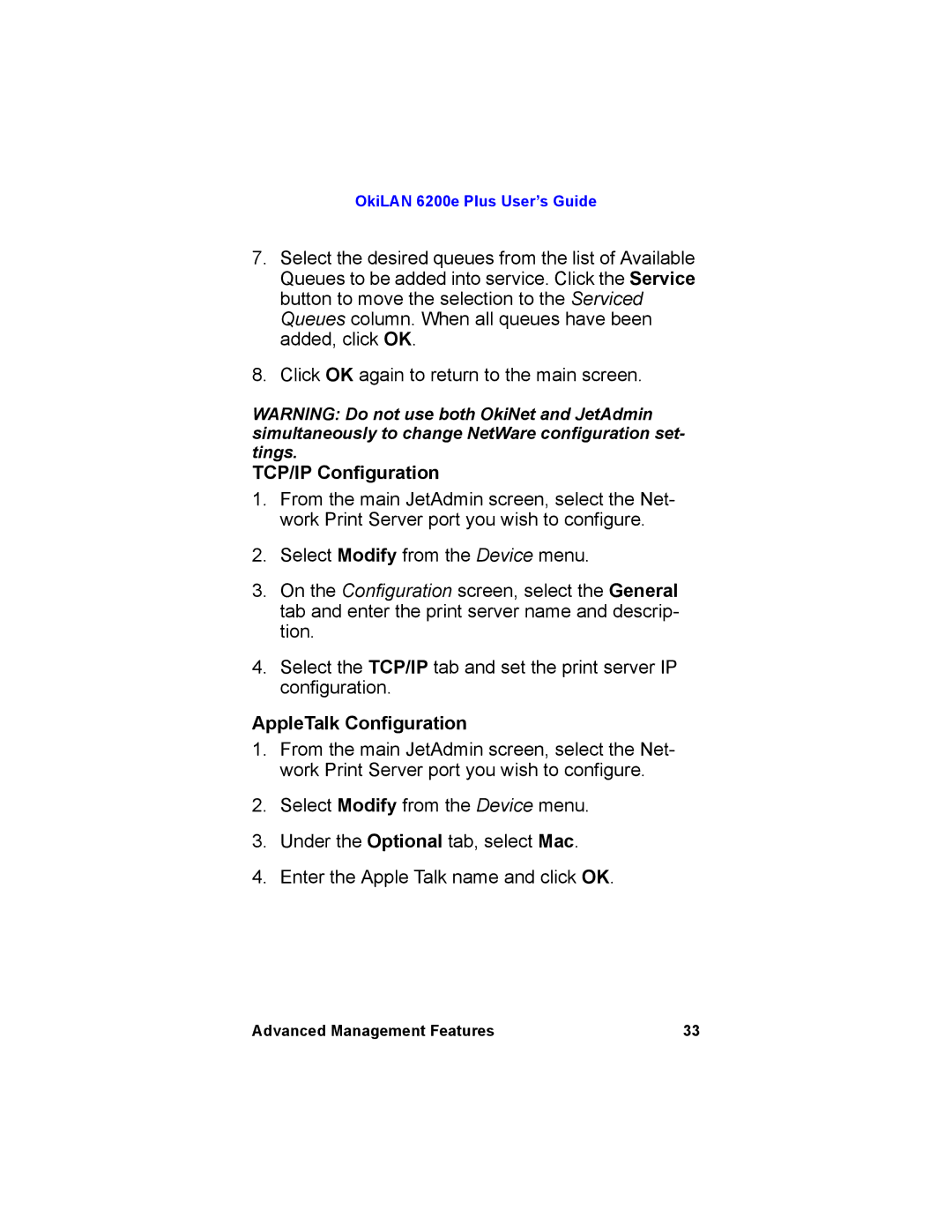 Oki 6200E manual TCP/IP Configuration, AppleTalk Configuration 