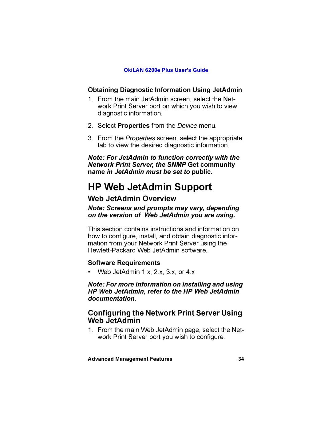 Oki 6200E manual HP Web JetAdmin Support, Web JetAdmin Overview, Configuring the Network Print Server Using Web JetAdmin 