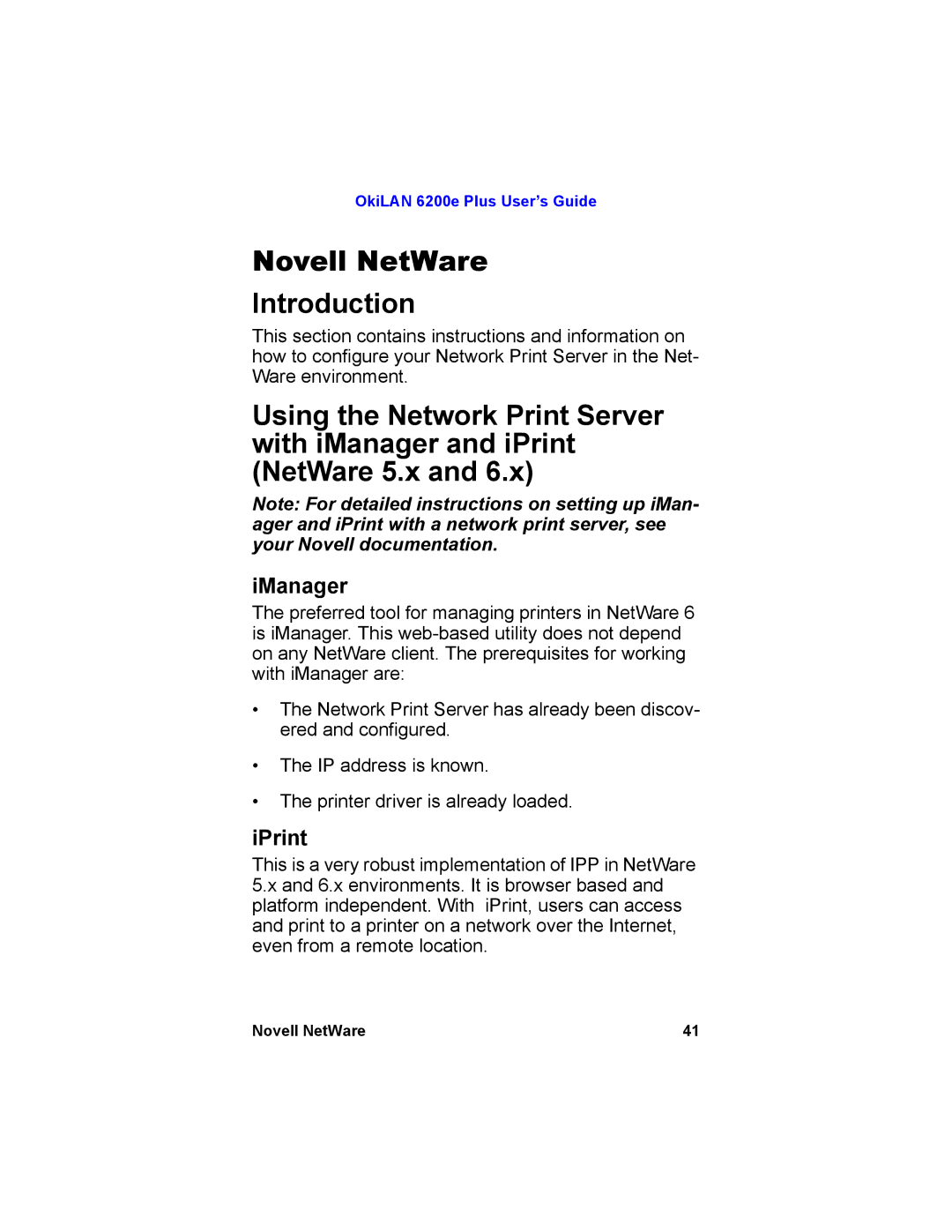 Oki 6200E manual Novell NetWare Introduction, IManager, IPrint 