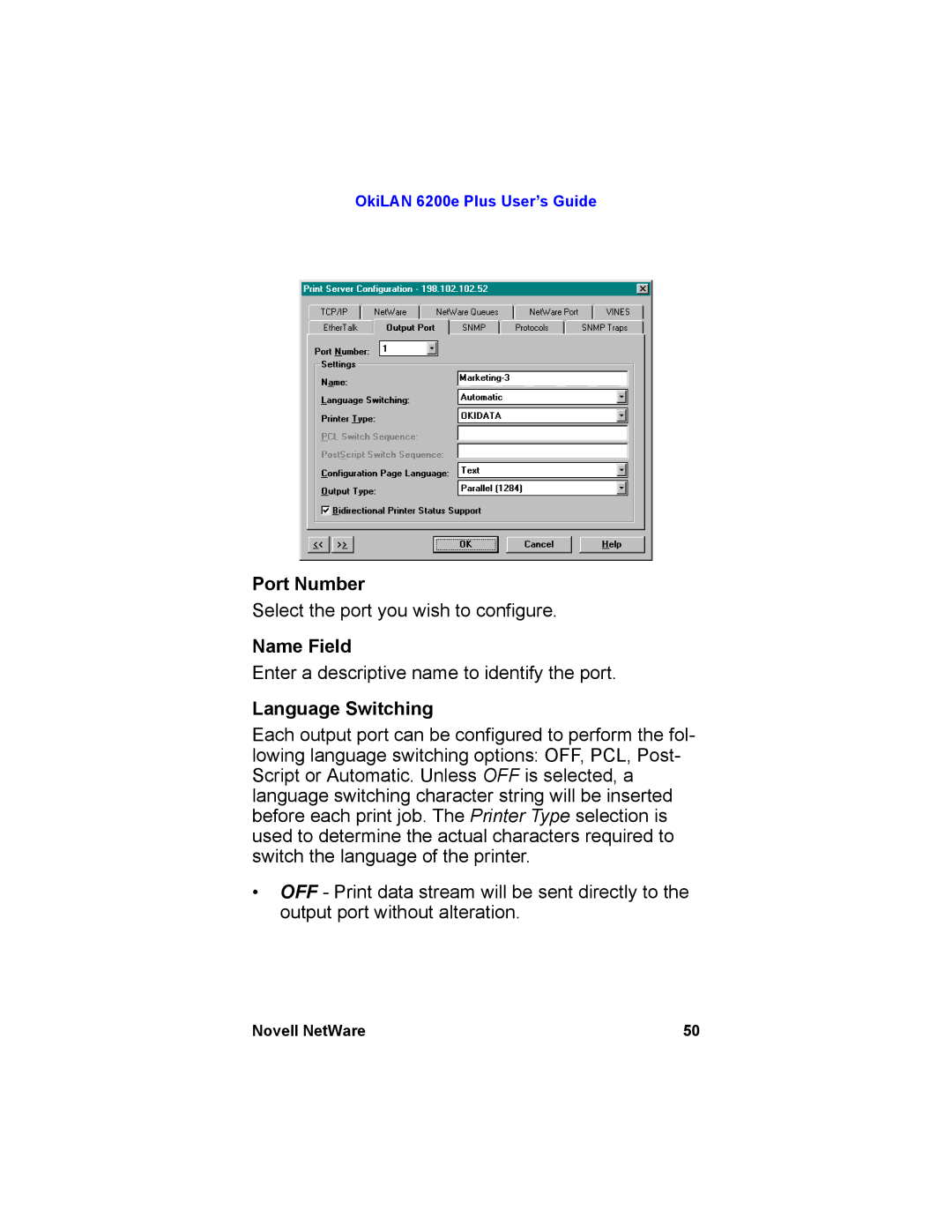 Oki 6200E manual Port Number, Name Field, Language Switching 