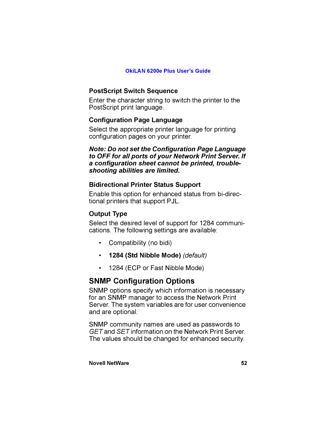 Oki 6200E manual Snmp Configuration Options 