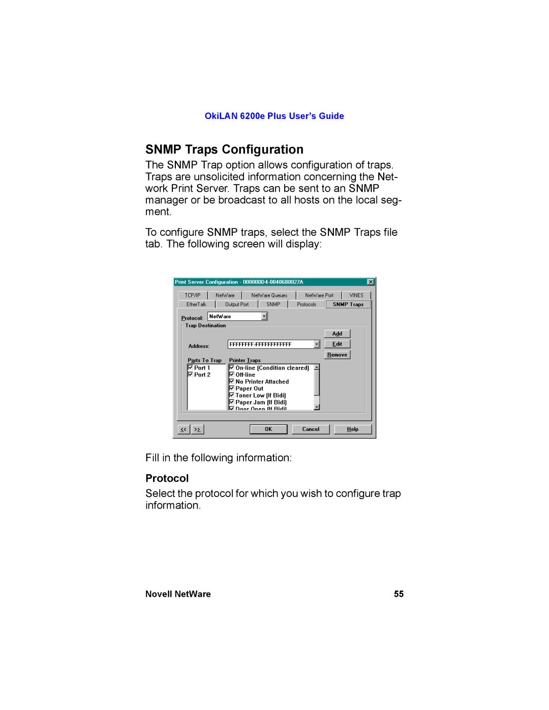 Oki 6200E manual Snmp Traps Configuration, Protocol 