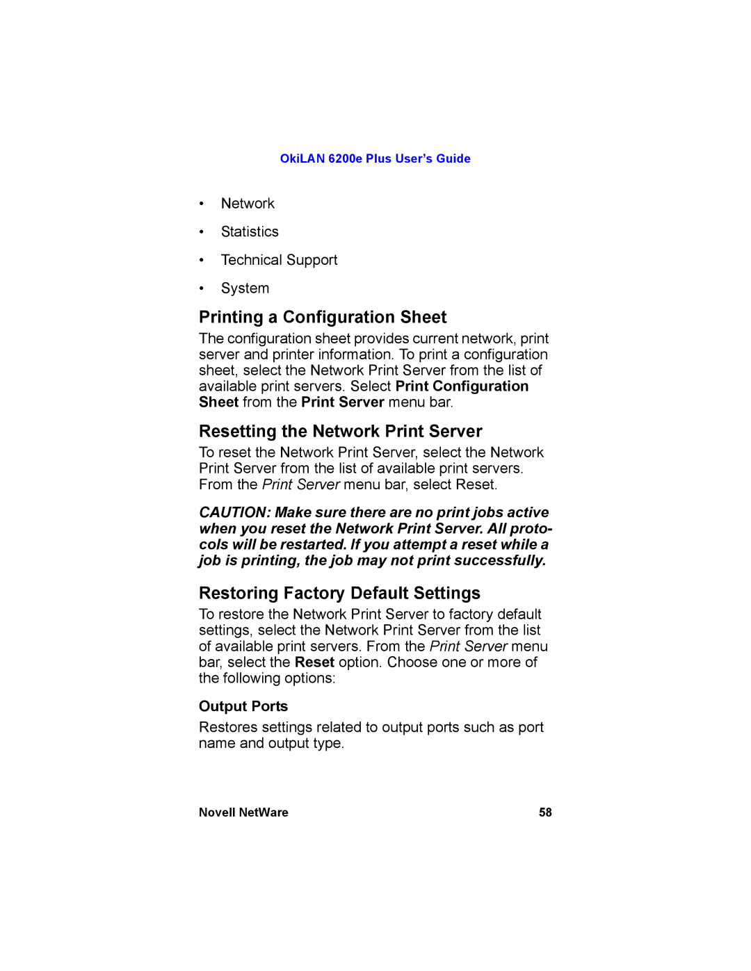 Oki 6200E manual Printing a Configuration Sheet, Resetting the Network Print Server, Restoring Factory Default Settings 