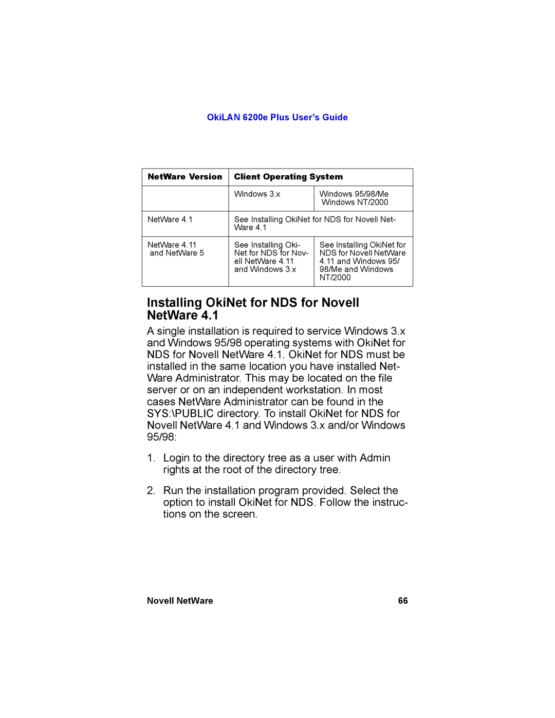 Oki 6200E manual Installing OkiNet for NDS for Novell NetWare, NetWare Version Client Operating System 