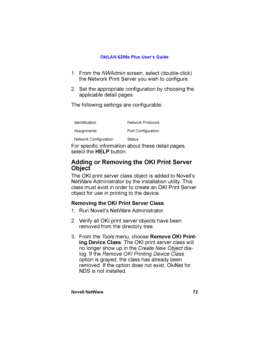 Oki 6200E manual Adding or Removing the OKI Print Server Object, Removing the OKI Print Server Class 