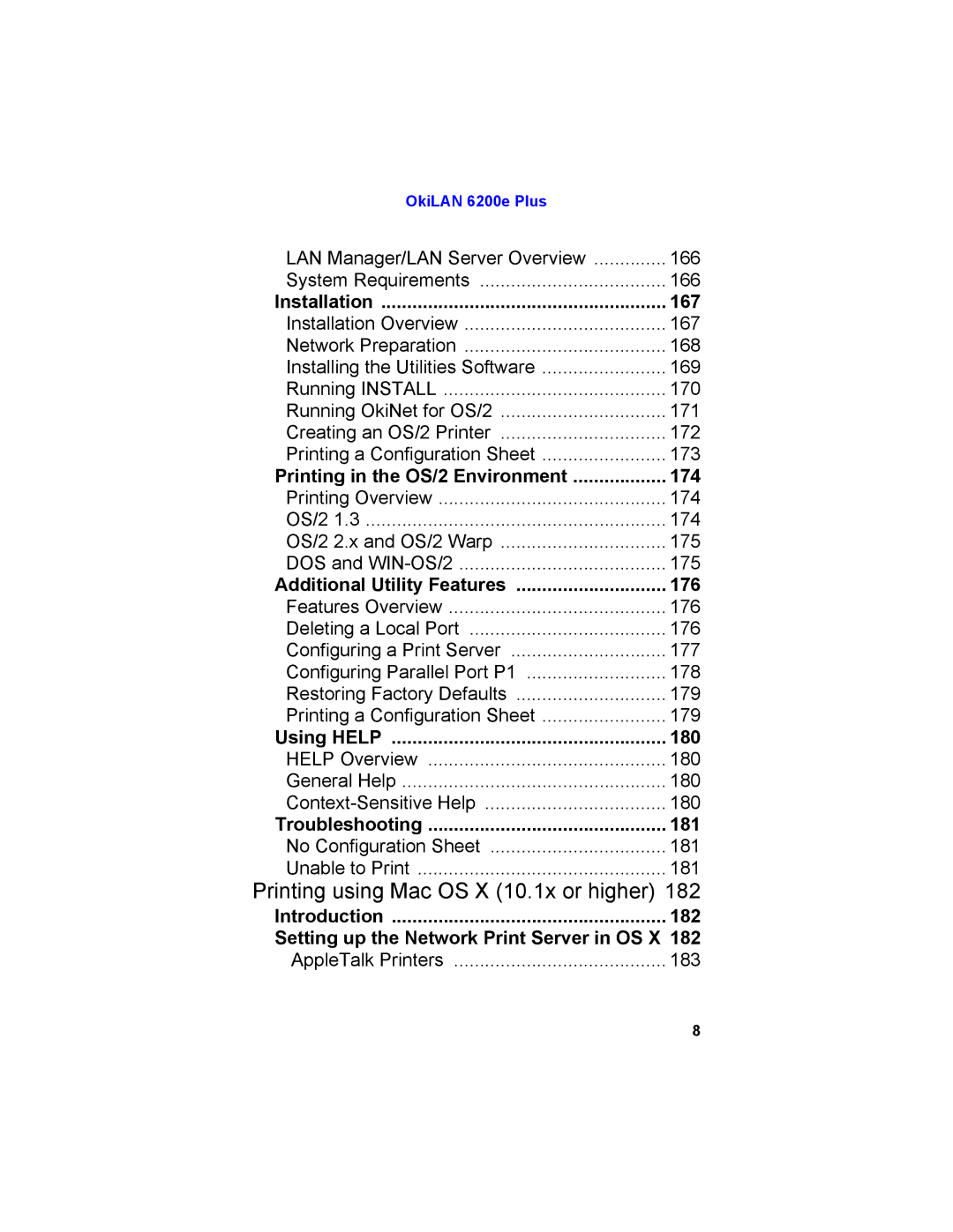 Oki 6200E manual Installation 167, Printing in the OS/2 Environment 174, Additional Utility Features 176, Using Help 180 
