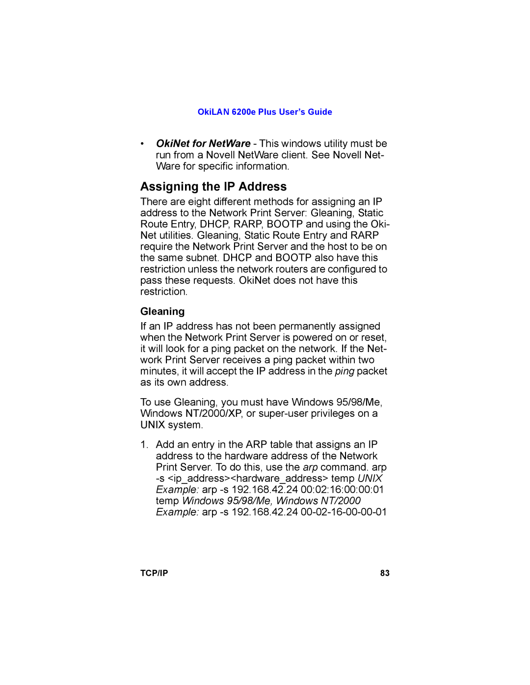 Oki 6200E manual Assigning the IP Address, Gleaning 