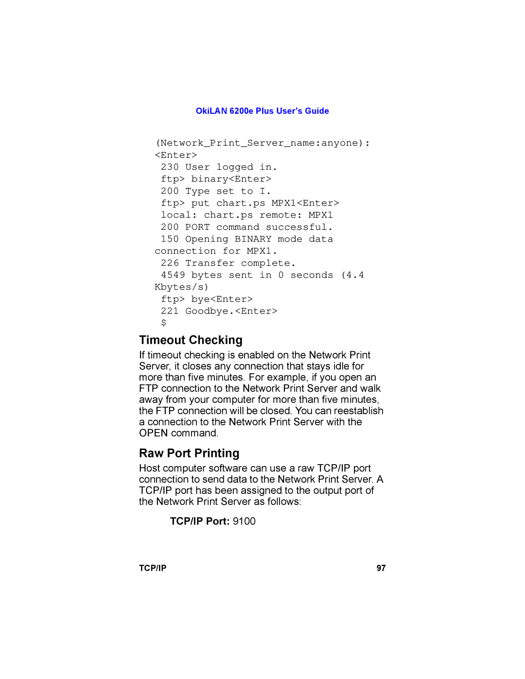 Oki 6200E manual Timeout Checking, Raw Port Printing, TCP/IP Port 