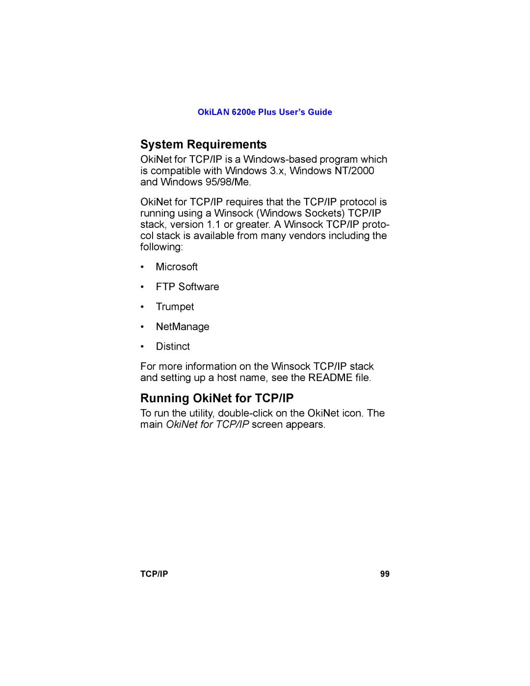 Oki 6200E manual System Requirements, Running OkiNet for TCP/IP 